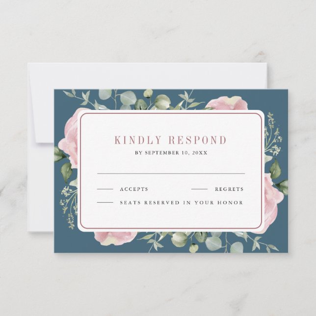 Blush Pink Floral Eucalyptus Dusty Blue Wedding RSVP Card (Front)