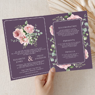 Blush Pink Floral Eucalyptus Dusty Purple Wedding Invitation