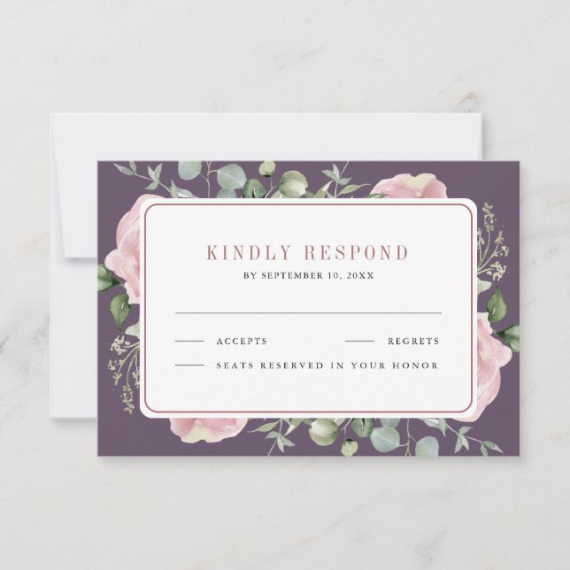 Blush Pink Floral Eucalyptus Dusty Purple Wedding RSVP Card (Front)