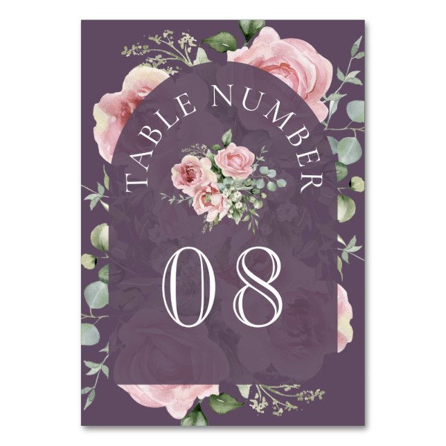 Blush Pink Floral Eucalyptus Dusty Purple Wedding Table Number (Front)
