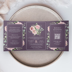Blush Pink Floral Eucalyptus Dusty Purple Wedding Tri-Fold Invitation