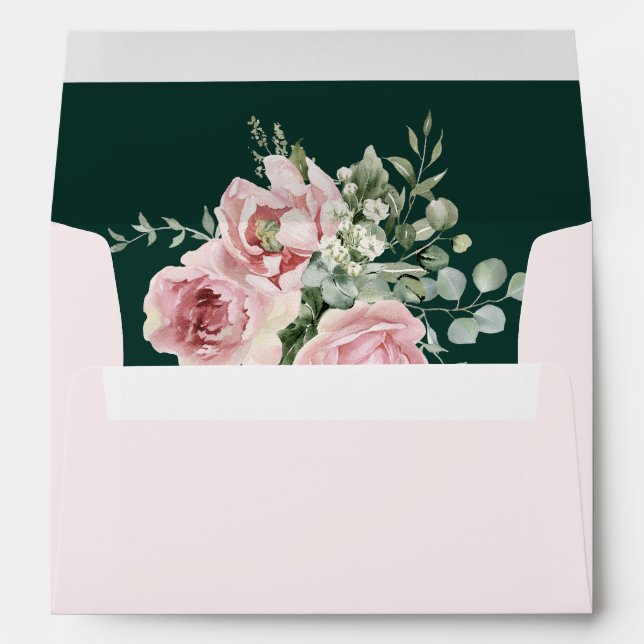 Blush Pink Floral Eucalyptus Emerald Green Wedding Envelope (Back (Bottom))