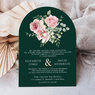 Blush Pink Floral Eucalyptus Emerald Green Wedding Invitation