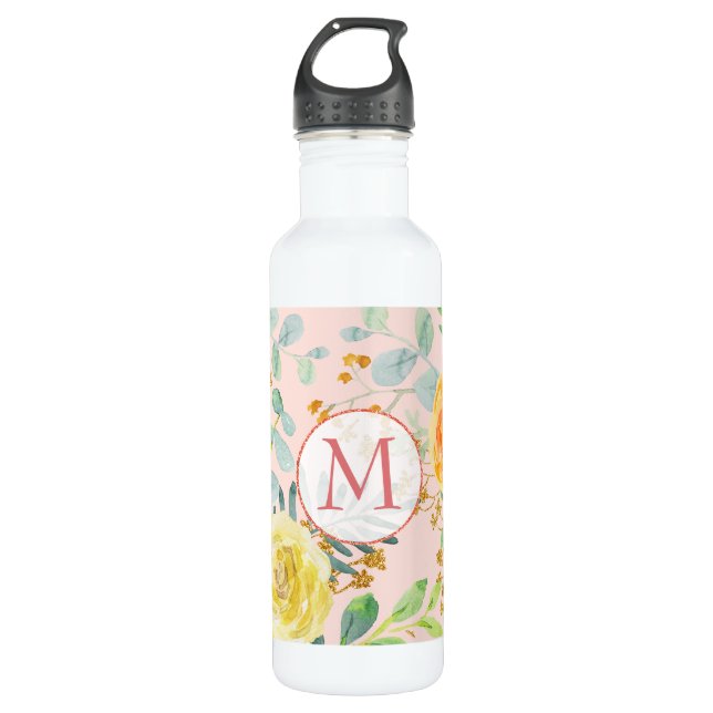 Blush Pink Floral Eucalyptus Glitter Monogram 710 Ml Water Bottle (Front)