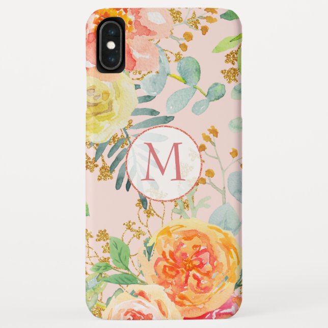 Blush Pink Floral Eucalyptus Glitter Monogram Case-Mate iPhone Case (Back)