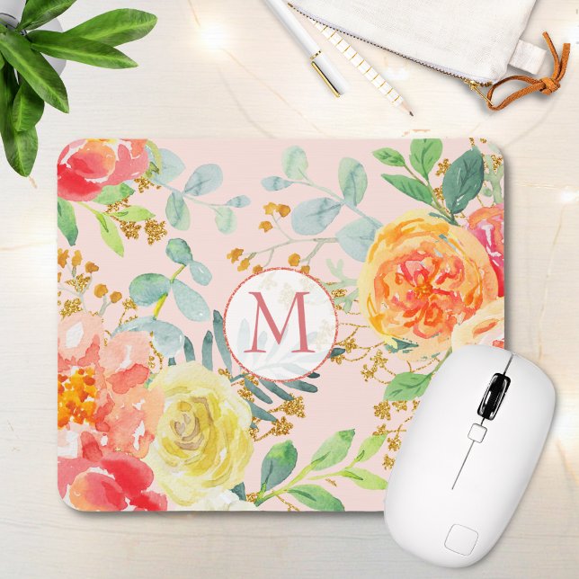 Blush Pink Floral Eucalyptus Glitter Monogram Mouse Pad (Creator Uploaded)