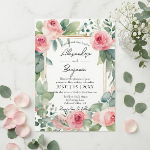Blush Pink Floral Eucalyptus Gold Frame Wedding Invitation
