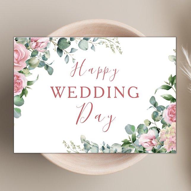 Blush Pink Floral Eucalyptus Happy Wedding Day Card (Creator Uploaded)