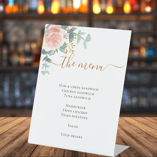 Blush pink floral eucalyptus menu food drinks pedestal sign (Creator Uploaded)