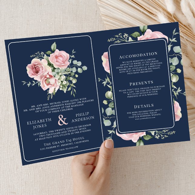 Blush Pink Floral Eucalyptus Navy Blue Wedding Invitation (Creator Uploaded)