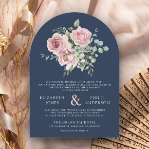 Blush Pink Floral Eucalyptus Navy Blue Wedding Invitation