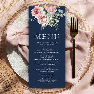 Blush Pink Floral Eucalyptus Navy Blue Wedding Menu
