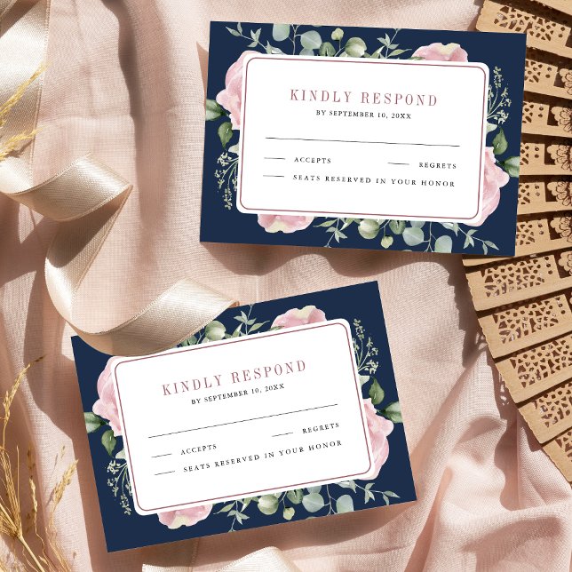 Blush Pink Floral Eucalyptus Navy Blue Wedding RSVP Card (Creator Uploaded)