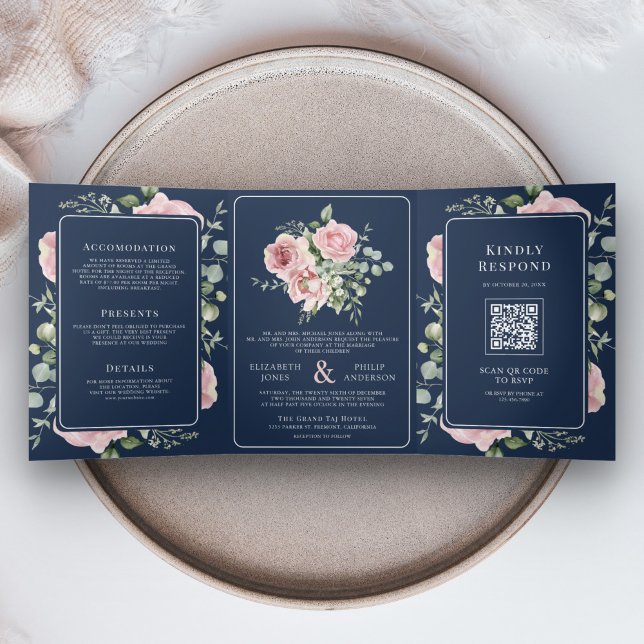 Blush Pink Floral Eucalyptus Navy Blue Wedding Tri-Fold Invitation (Creator Uploaded)