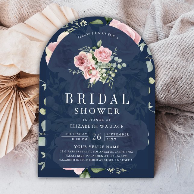 Blush Pink Floral Eucalyptus Navy Bridal Shower Invitation (Creator Uploaded)