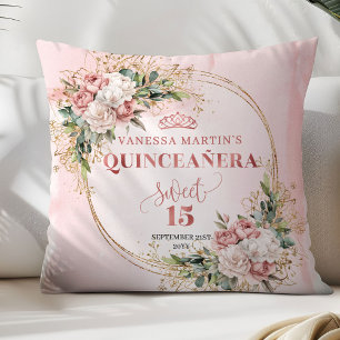 Blush Pink Floral Eucalyptus Quinceañera Keepsake  Cushion