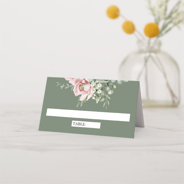 Blush Pink Floral Eucalyptus Sage Green Wedding Place Card (Front)