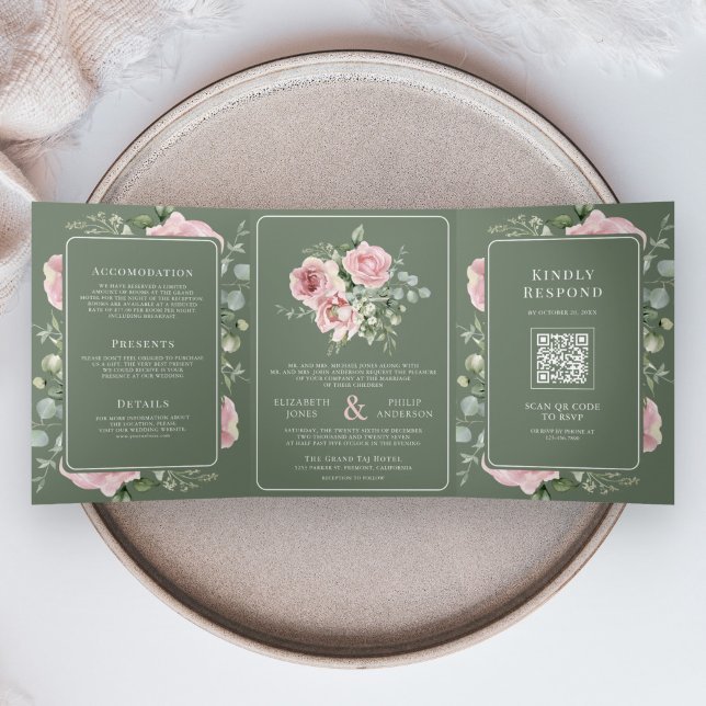Blush Pink Floral Eucalyptus Sage Green Wedding Tri-Fold Invitation (Creator Uploaded)