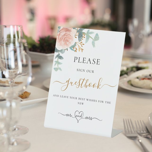 Blush pink floral eucalyptus wedding guest book pedestal sign (Creator Uploaded)