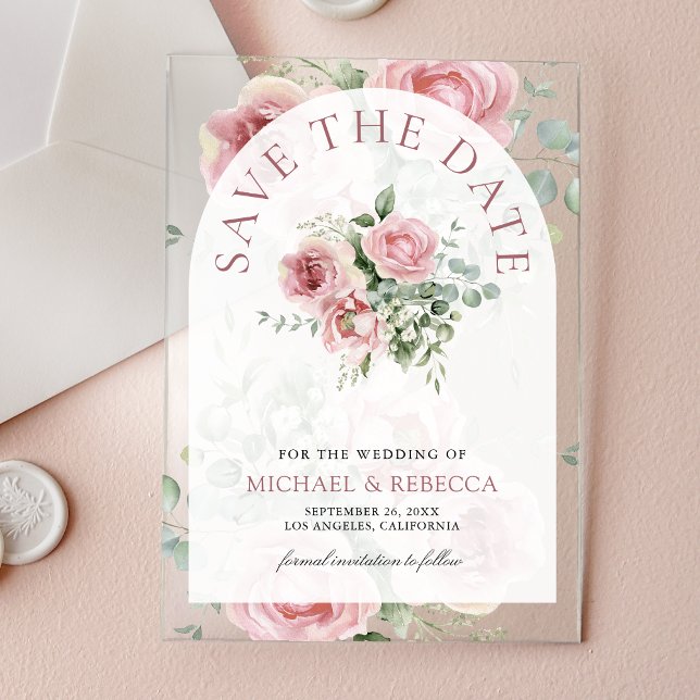 Blush Pink Floral Eucalyptus Wedding Save the Date Acrylic Invitations (Creator Uploaded)