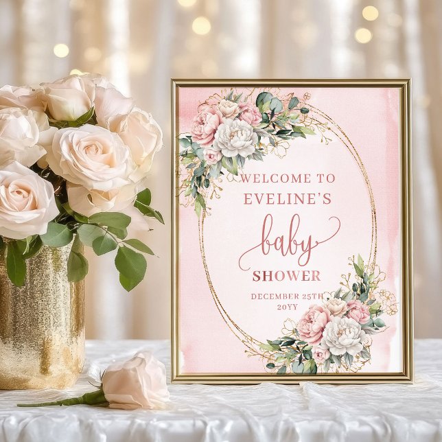 Blush Pink Floral Eucalyptus Welcome Baby Shower   Poster (Blush Pink Floral Eucalyptus Welcome Baby Shower Art)