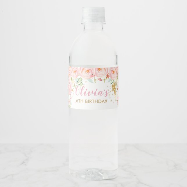 Blush Pink Floral Fairy Birthday Baby Shower Water Bottle Label (Front)