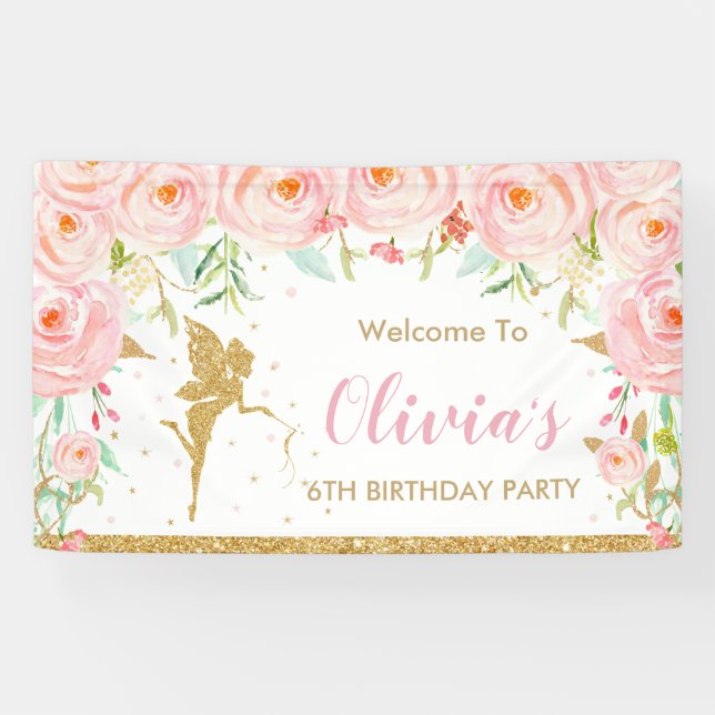 Blush Pink Floral Fairy Birthday Shower Backdrop Banner (Horizontal)