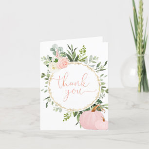 Blush pink floral fall pumpkins thank you card