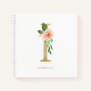 Blush Pink Floral Faux Gold Foil Letter I Monogram Notebook