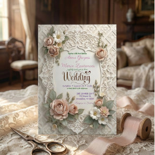 Blush Pink Floral Faux Laser Cut Lace Wedding Invitation
