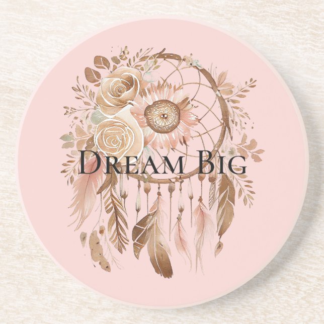 Blush Pink Floral Feathers Dream Catcher Coaster (Front)