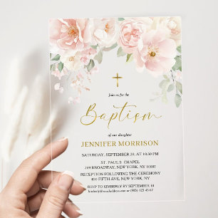 Blush Pink Floral Feminine Watercolor Girl Baptism Acrylic Invitations