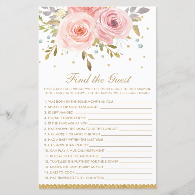 Blush Pink Floral Find The Guest Baby Shower Game (Front)