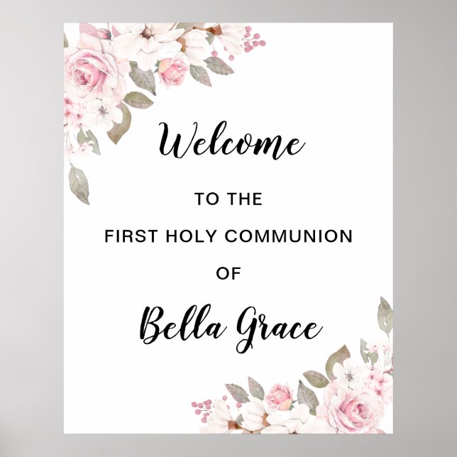 Blush Pink Floral First Communion Welcome Sign (Front)