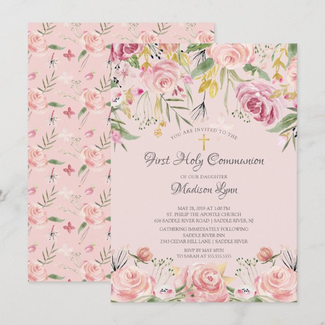 Blush Pink Floral First Holy Communion Invitation (Front/Back)