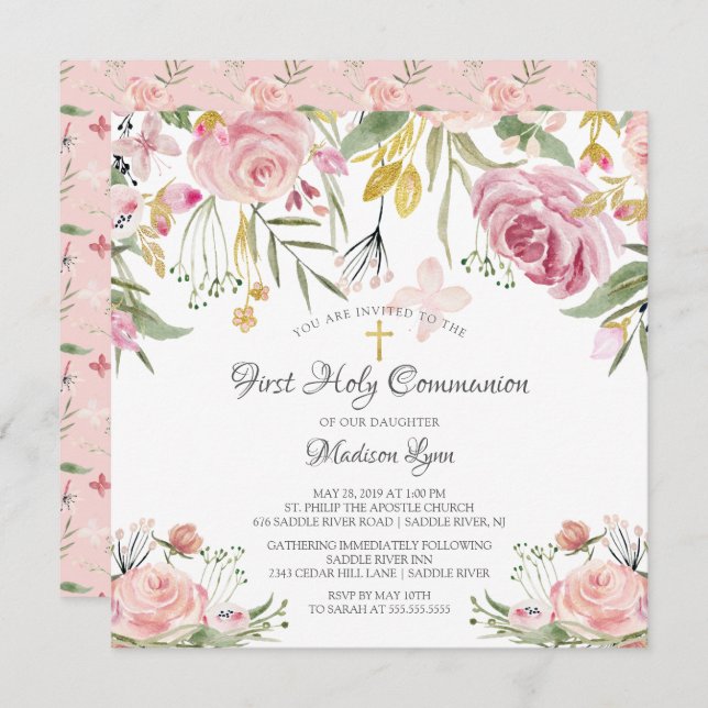 Blush Pink Floral First Holy Communion Invitation (Front/Back)