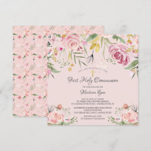 Blush Pink Floral First Holy Communion Invitation