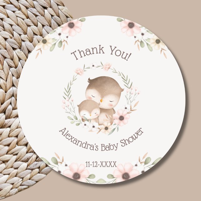 Blush Pink Floral Forest Owl Baby Shower Thank You Classic Round Sticker (Creator Uploaded)