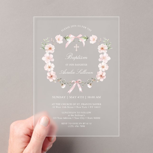 Blush Pink Floral Frame Baptism Acrylic Invitations (Insitu (Handheld))
