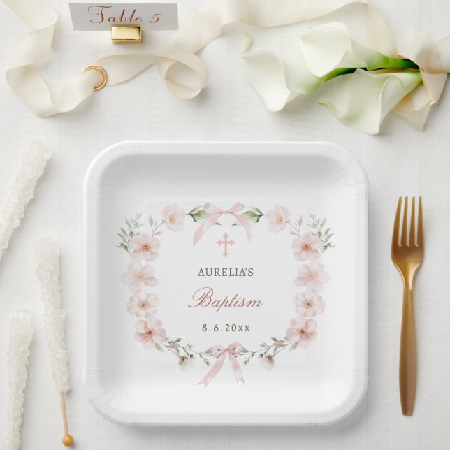Blush Pink Floral Frame Baptism Paper Plate (Wedding)