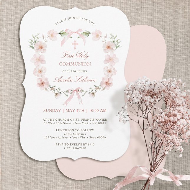 Blush Pink Floral Frame First Holy Communion Invitation (Creator Uploaded)