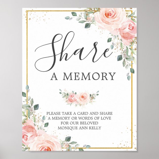 Blush Pink Floral Funeral Share a Memory Memorial Poster (Front)