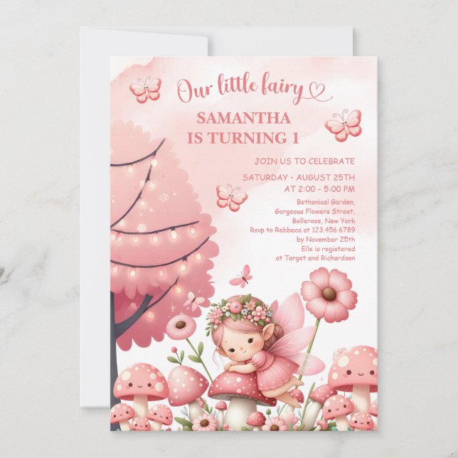 Blush pink floral garden party fairy girl birthday invitation (Front)