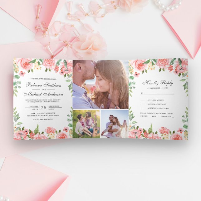 Blush Pink Floral Garden Photo Collage Wedding Tri-Fold Invitation (Creator Uploaded)