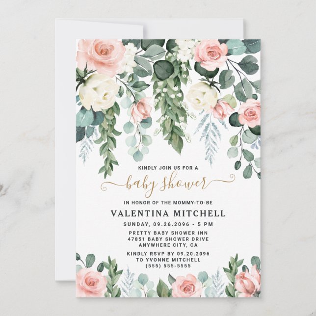 Blush Pink Floral Garden Watercolor Baby Shower Invitation (Front)
