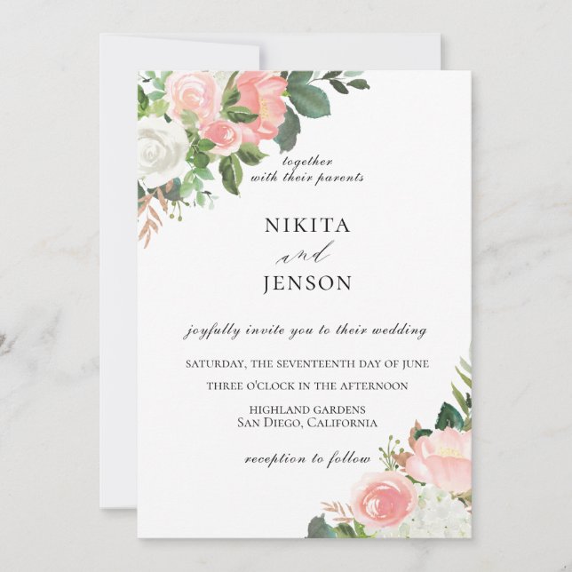 Blush Pink Floral Garden Wedding Invitation (Front)