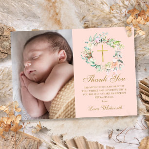 Blush Pink Floral Garland Baptism Photo Thank You Card