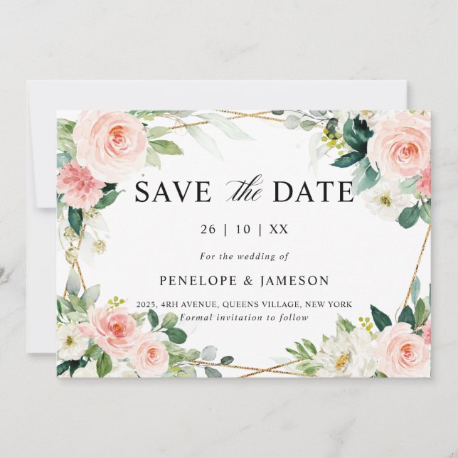 Blush Pink Floral Geometric Botanical Wedding Save The Date (Front)
