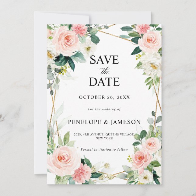 Blush Pink Floral Geometric Botanical Wedding Save The Date (Front)