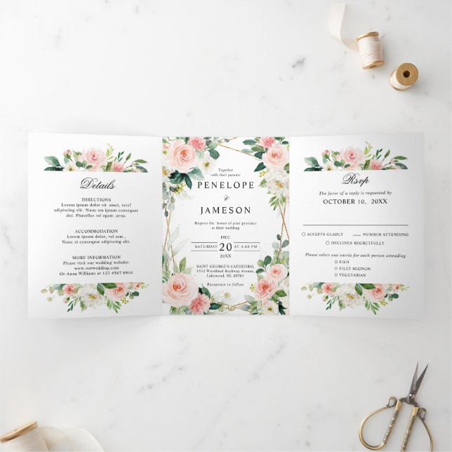Blush Pink Floral Geometric Botanical Wedding Tri-Fold Programme (Inside)